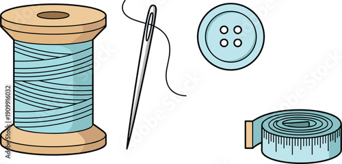 Hand Drawn Sewing Tools Set with Thread Spool Needle Button and Measuring Tape Isolated on White Background