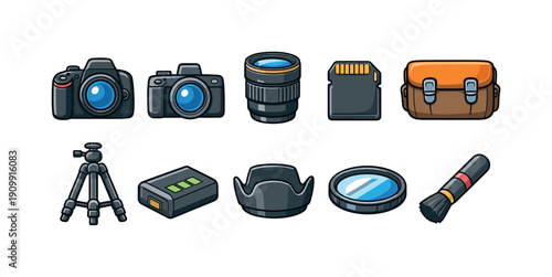 Photography equipment icon set. camera, lens, accessories icons in flat style.