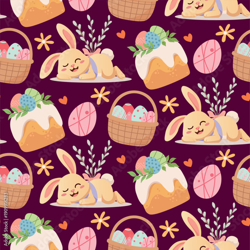 Seamless Easter Pattern on Dark Background with Bunnies, Baskets, Eggs and Kulich Cake – Spring Holiday Vector