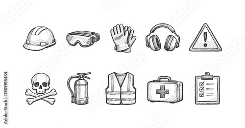 Safety and protective gear outline icon set. workplace hazard, equipment illustrations.