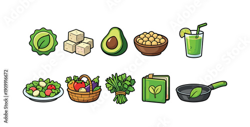 Vegan food flat icon set. plant-based cuisine icons collection for healthy living