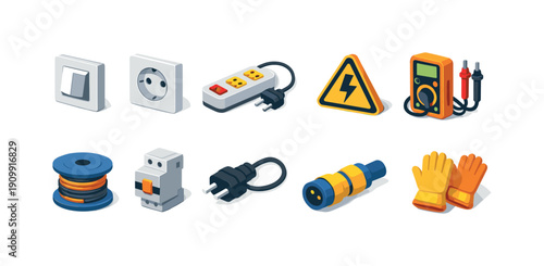 Electrical tools 3d icon set. circuit, safety, equipment icons 3d collection