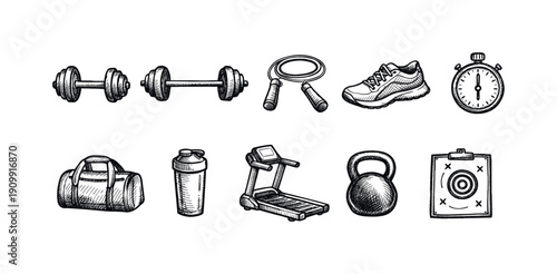 Fitness and gym outline icon set. workout, exercise, training icons in line style collection
