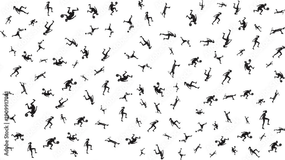 Obraz premium Vector black silhouettes of falling people, chaotic pattern background, abstract human figures, isolated on white