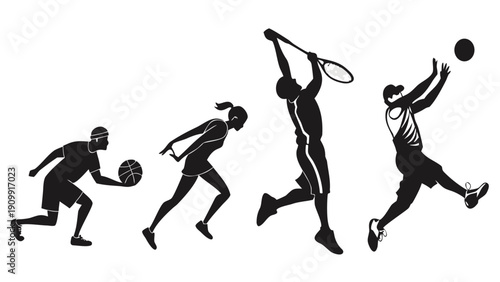 Vector black silhouettes of basketball, running, tennis, and volleyball players in action, isolated on white