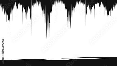 Abstract black and white background with sharp dripping shapes and jagged vertical strokes. Minimalistic high-contrast composition inspired by sound waves, noise, distortion and glitch aesthetics.