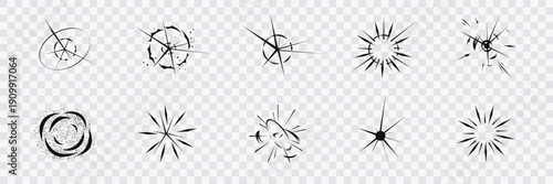 Collection of radial impact bursts and explosion effects in manga and comic style. Dynamic action elements isolated on transparent background.