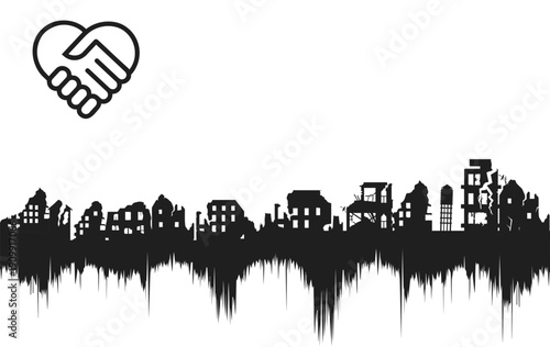Ruined city skyline silhouette with earthquake waveform and heart handshake icon. Disaster recovery, support and humanitarian aid concept. Black and white vector illustration.