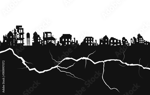 Black and white silhouette of ruined city skyline with cracked ground. Concept of earthquake, natural disaster, destruction, crisis and urban collapse.