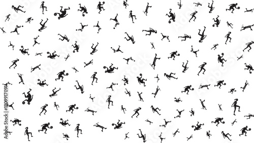 Vector black silhouettes of falling people, chaotic pattern background, abstract human figures, isolated on white