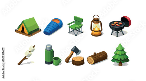 Camping essentials icon set in 3d. tent, lantern, campfire, and outdoor equipment icons.