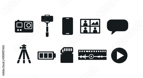 Photography, video equipment silhouette icon set. camera, recording tool silhouette collection