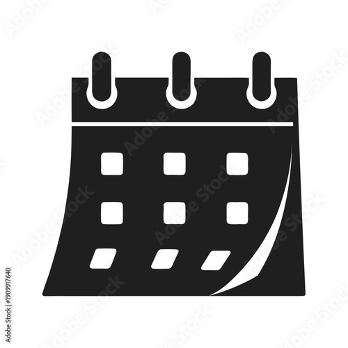 Black vector calendar icon with ring binding and date squares, schedule and event planner symbol, isolated on white