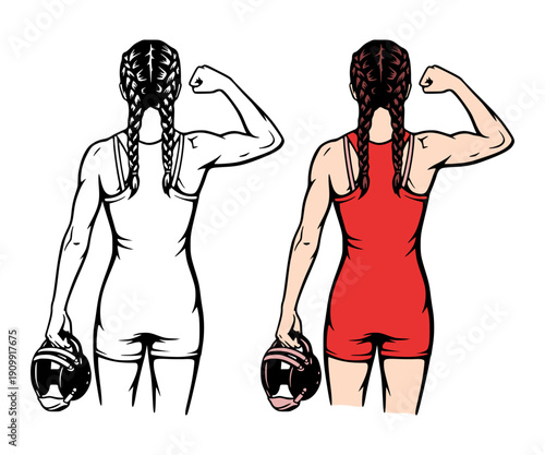 Photos Strong Female Wrestler From Back, Holding Helmet, Flexing Arm Muscles, Sports Wo
