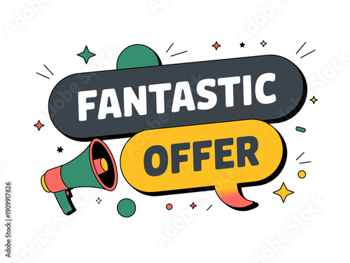 A colorful vector graphic illustration of a megaphone announcing a fantastic offer with bold text and vibrant design elements.