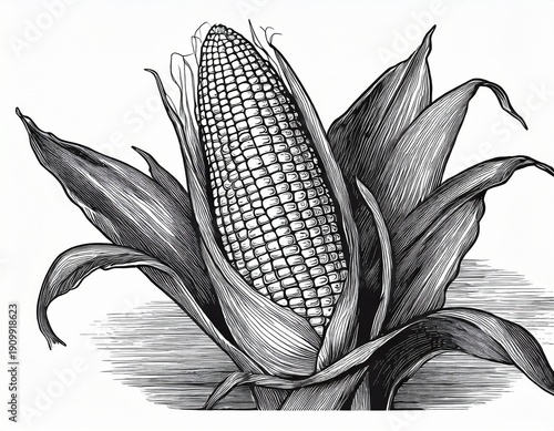 vintage style hand drawn black ink engraving of corn cob detailed scratchboard effect shown