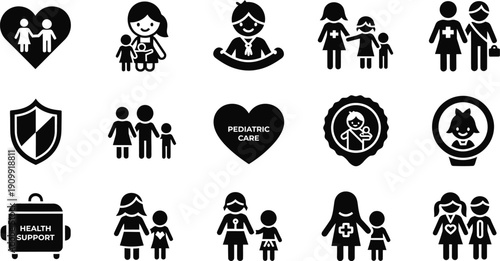Pediatric Care Icons: A collection of symbolic icons representing various aspects of pediatric care, illustrating themes of love, family, and health