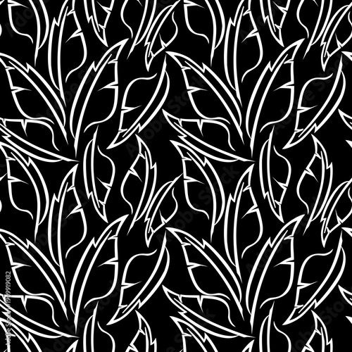 white graphic drawing of stylized feathers on a black background, texture, design