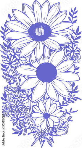 blue graphic contour drawing of a bouquet of flowers on a white background, design