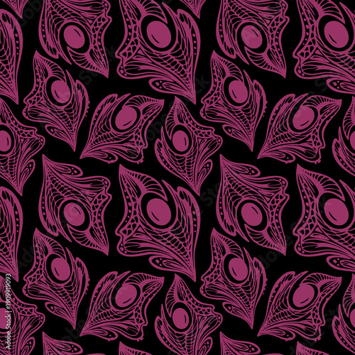 seamless pattern of purple abstract decorative elements on a black background, texture, design