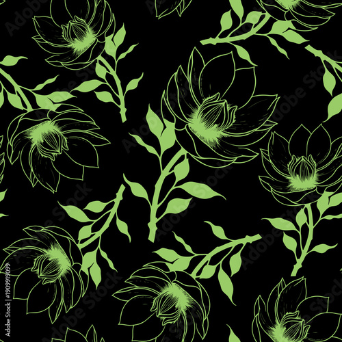 simple graphic seamless pattern of green magnolia flowers on black background, texture