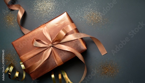 layflat gift wrapped in metallic bronze paper and ribbon on a dark grey neutral background with gold glitter