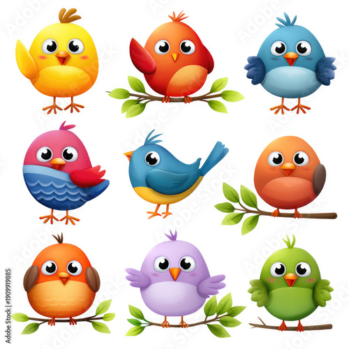 Wallpaper Mural Colorful cartoon birds with various expressions and bright feathers on tree branches on white background Torontodigital.ca