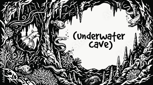 underwater ocean cave landscape with marine wildlife in deep black and white sea aquatic environment representing nature ecosystem exploration and scuba diving