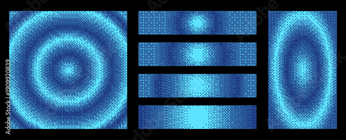 Pixelated bitmap gradient texture backgrounds. Glitch dither pattern. 8 bit background. Dynamic Blue Pixel Art Patterns with Radial and Wave Gradient Textures