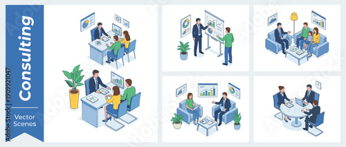 Isometric Business Consulting Vector Scenes Set. Professional Financial Advisor Meeting with Clients, Families, and Couples. Office Presentations, Data Analysis, and Corporate Strategy Sessions.