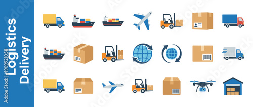 Professional logistics and delivery icon collection featuring cargo ships, freight trucks, airplanes, forklifts, cardboard boxes, global shipping globes, a drone, and a warehouse for supply chain.