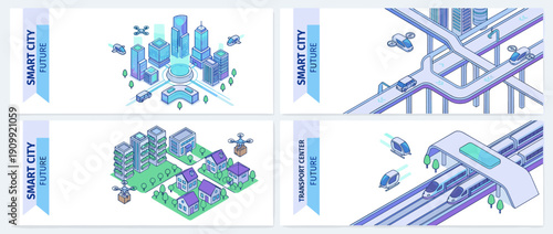 Isometric banners of a futuristic smart city featuring advanced transport systems, delivery drones, high-speed trains, autonomous vehicles, and sustainable urban living infrastructure.