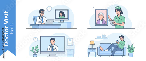 Telemedicine and Online Doctor Visit Illustration Set Featuring Virtual Healthcare Consultations via Video Call on Laptop, Tablet, and Smartphone for Remote Patient Care and Medical Support.