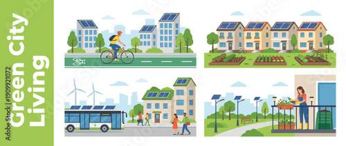 Sustainable Green City Living Illustration Set Featuring Solar Powered Buildings, Electric Bus, Cycling Infrastructure, Urban Gardening, Wind Energy, and Eco Friendly Lifestyle Concepts in Flat Style