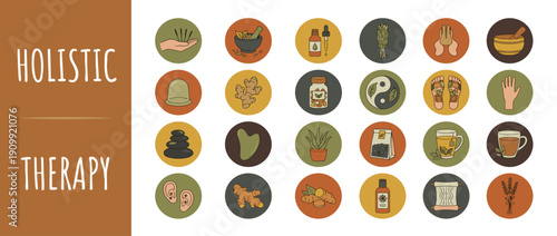 Holistic Therapy Icon Set with Acupuncture, Herbal Medicine, Essential Oils, Cupping, Gua Sha, Reflexology, and Yoga Symbols for Alternative Health, Wellness, and Traditional Healing Practices.