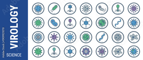 Virology Science Icon Set with Diverse Microorganisms, Bacteria, and Virus Pathogens for Medical Research, Microbiology Education, Healthcare Infographics, and Laboratory Study Illustrations