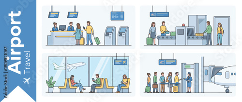 Comprehensive airport travel illustration set featuring check-in counter, security checkpoint, waiting lounge with airplane view, and boarding gate with passengers, staff, and flight crew.