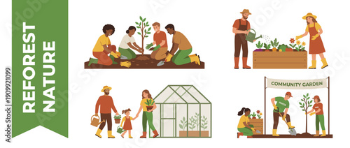 Diverse Group of People Planting Trees and Gardening in a Community Garden Illustration. Reforestation, Nature Conservation, Sustainable Living, and Family Gardening in Greenhouse and Outdoors.
