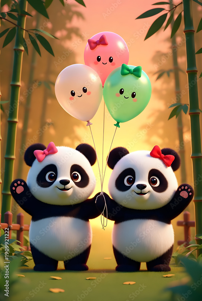 Obraz premium cute pandas having fun holding balloons in hands 