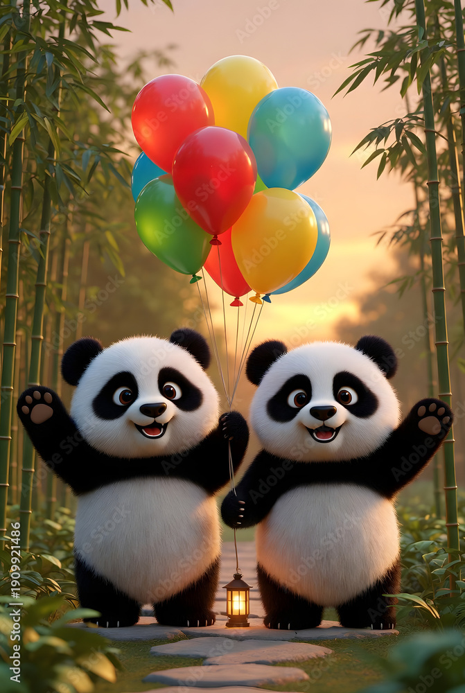 Obraz premium cute pandas having fun holding balloons in hands 