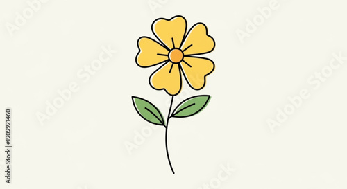 Vibrant yellow flower with green leaves on a cream background simple line drawing symbolizing hope and nature