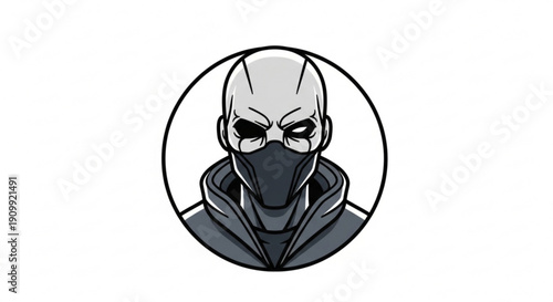 Cartoon masked man with intense expression in black and white illustration