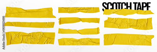 Yellow duct tape for photo collage. Adhesive sticky tapes. Bright scotch tape for the frame. Vector elements wrinkled or crumpled yellow adhesive vinyl. Collage, paper clip, stickers and torn paper.
