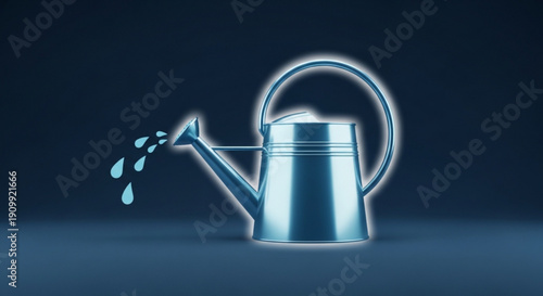 Shining metal watering can pouring water droplets on dark blue background with glowing effect
