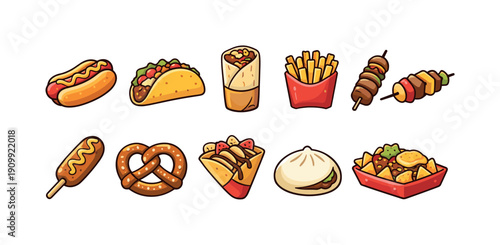 Fast food cartoon icon set. snack and street food collection in flat style.