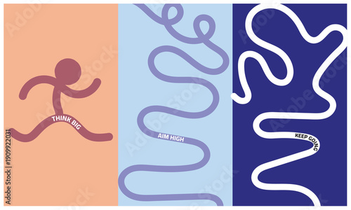 Dynamic abstract graphic design illustrating the challenging path to success with running figures and winding roads, emphasizing the motivation to "Keep Going."