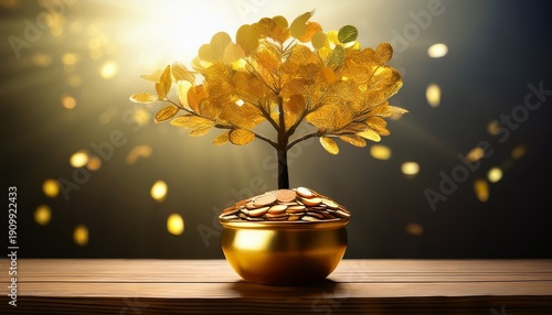 a beautiful tree with golden leaves growing from a pot of coins symbolizing prosperity and abundance in a serene light