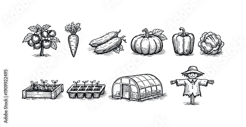 Gardening and vegetable outline icon set. organic farming sketch style collection