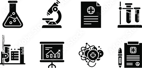 Laboratory Icon Collection: A set of essential science and medical icons, capturing the essence of scientific tools, research, and analysis.