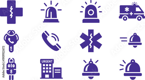 Emergency Icons in Silhouette: A collection of simplified yet impactful silhouette icons representing essential emergency services and medical symbols, perfect for visual communication.